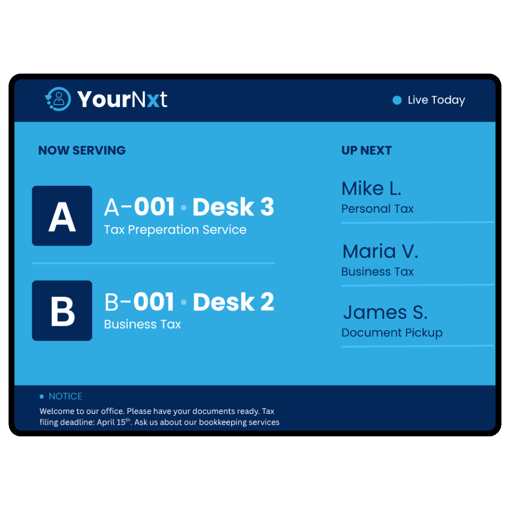 Lobby waiting display — Now Serving and Up Next